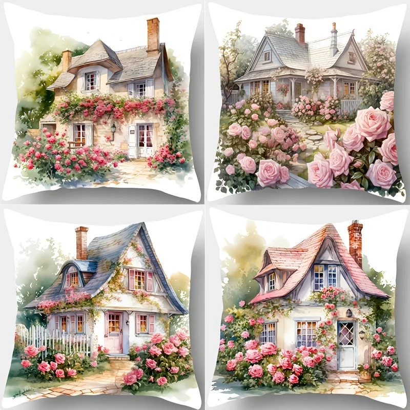 4 piezas, fundas  almohada con temática  jardín campestre, hechas  tela suave y cómoda con tacto licado. 45.01 cm * 45.0