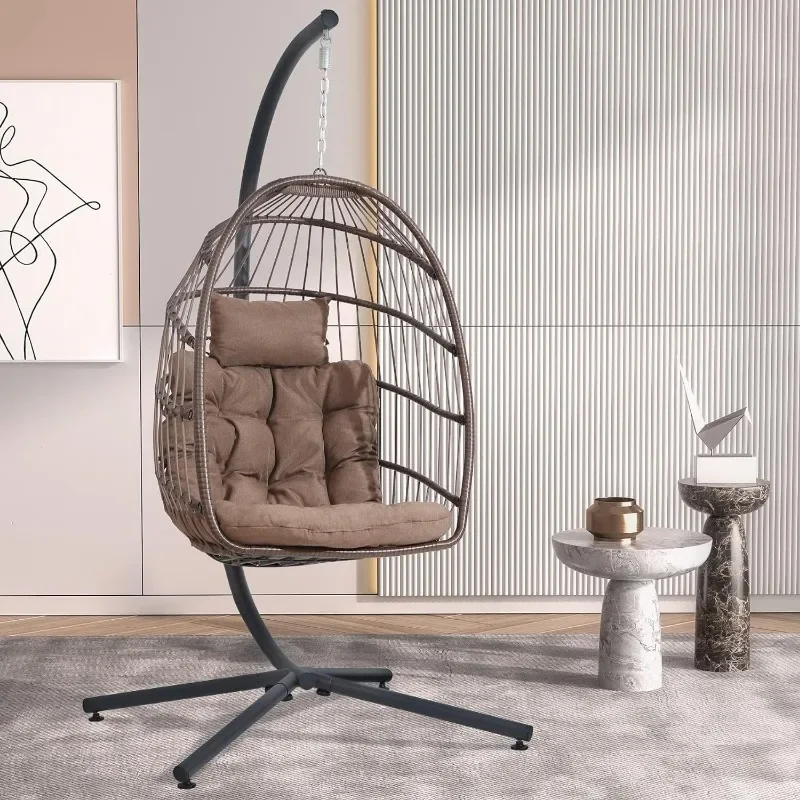 Egg Chair with Stand, Hanging Egg Swing Hammock Chair with Stand, Indoor Outdoor Wicker Egg Chair with Cushion Headrest