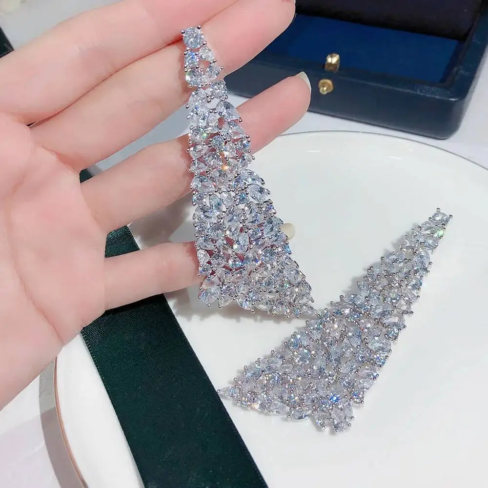 New Pattern Exaggeration Trendy Women's Earrings Anti Allergy Blue Water Drop Triangle AAA Zircon Shining  Luxurious  White Love