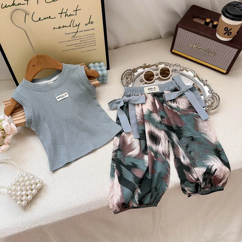 

Girls' Summer Outfit New Casual VestTT-shirt+Fashionable and Stylish Floral Print Children's Wide-Leg Pants Two-Piece Set