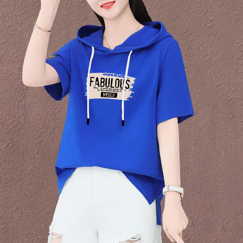 Letnia, luźna koszulka z bawełny, cienka bluzka z kapturem, damska, wyszczuplająca, zakrywająca brzuch, wygodna koszulka.