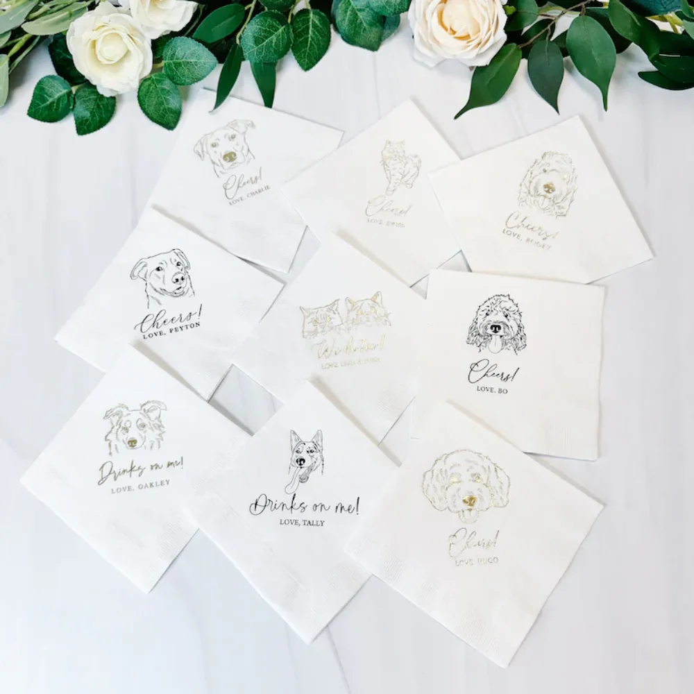 50Pcs Custom Illustrated Dog Wedding Napkins, Bridal Shower, Engagement Party, Bar Napkins, Pet Wedding Napkins, Cocktail  Napki