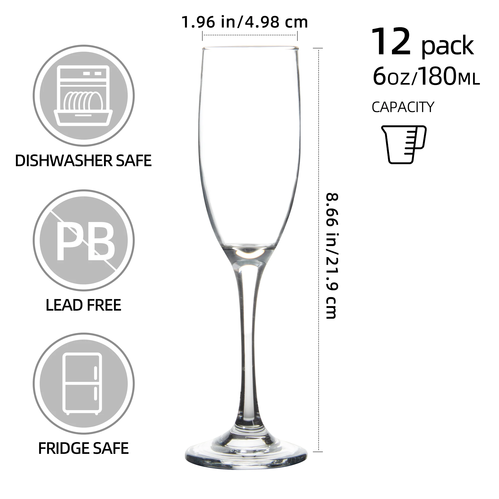 Champagne Glasses, 6 oz Champagne Flute Glass Set of 12, Clear Champagne Flutes for Party, Home, Restaurant Use, Capacity