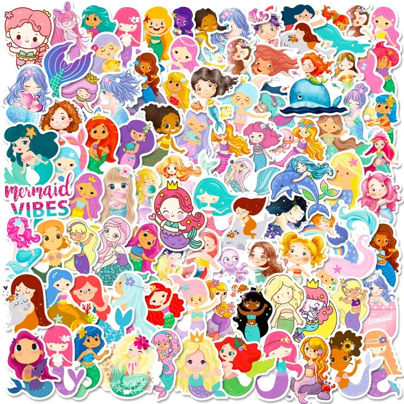 100PCS Mermaid Princess Girl Cute Cartoon Doodle Children's Toys Cell Phone Case Notebook Water Cup Guitar Stickers Wholesale