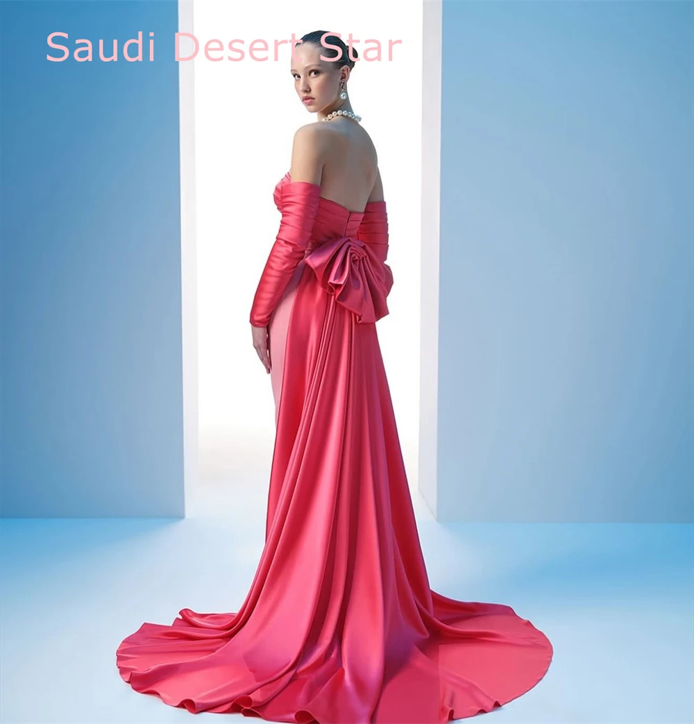 Personalizado requintado camisa rosa vestido de noite delicado sem alças mangas compridas vestido de festa moderno até o chão vestidos de celebridades