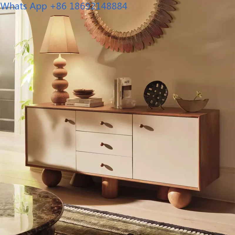 Creamy Style Solid Wood Sideboard Living Room Wall Mounted Tea Cabinet Vintage Multi Functional Storage Hallway