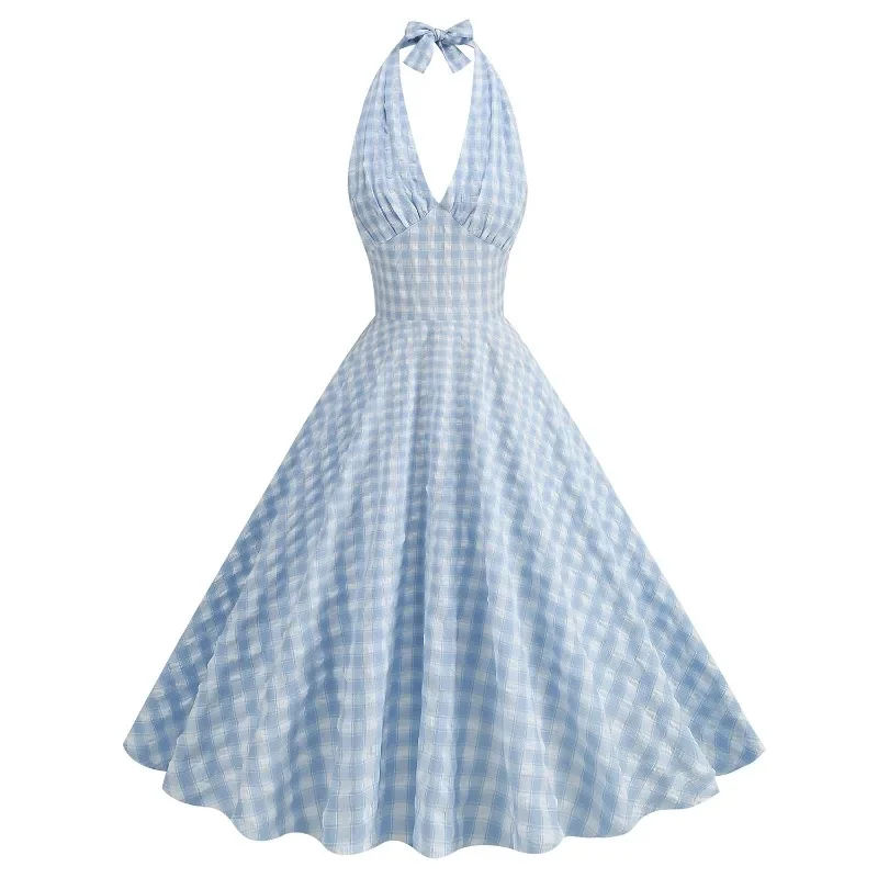 2025 New Hepburn Vintage Blue and White Plaid Holiday Women Summer Dresses Sexy Halter High Waist Fit and Flare Rockabilly Dress