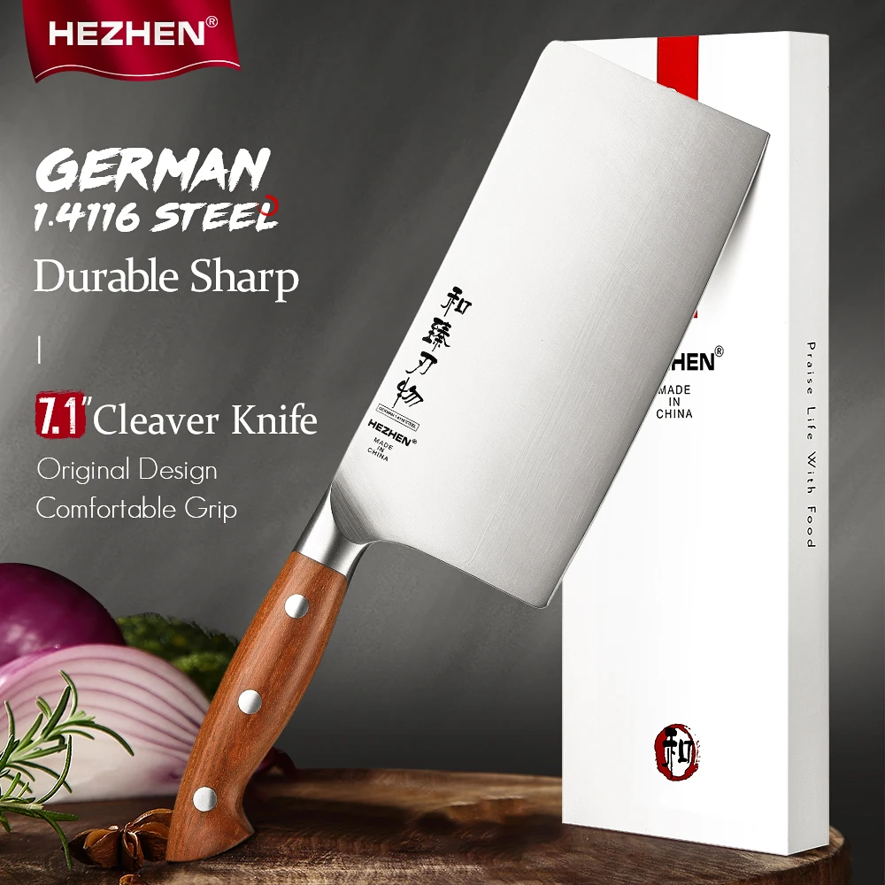 

HEZHEN 7.1 Inch Cleaver Knife German 1.4116 Stainless Steel Chinese Slice Kitchen Knife Redwood Handle Gift Box