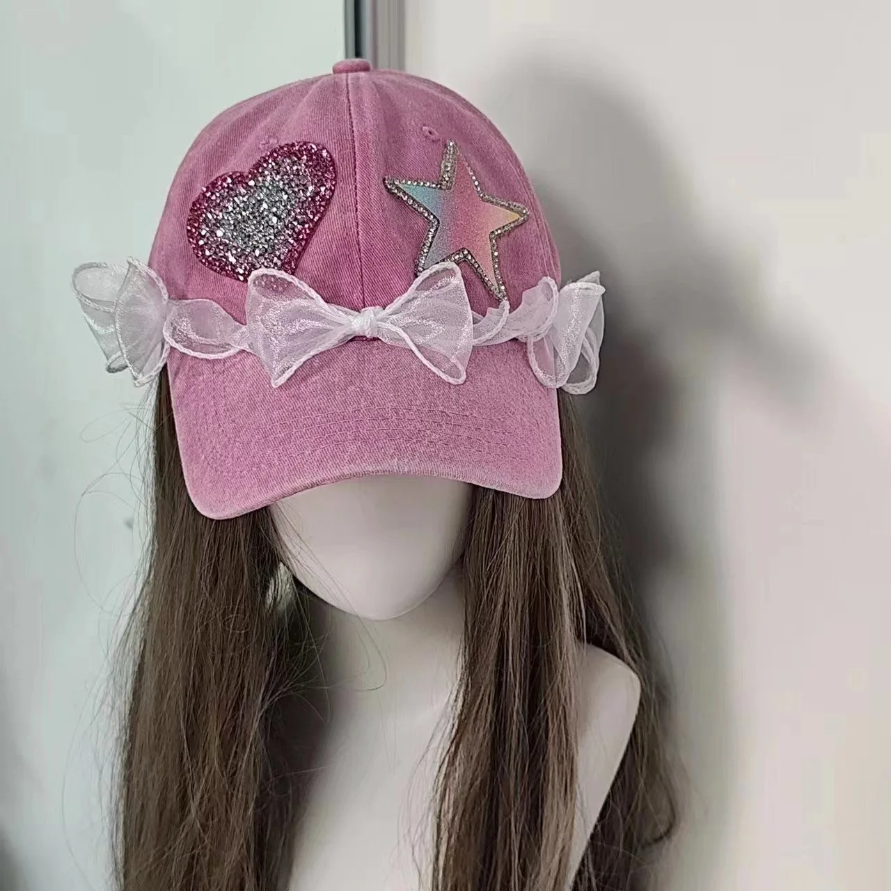 Ins estilo retro arco strass ballet estilo boné verão lolita y2k renda tempero menina lavado boné de beisebol