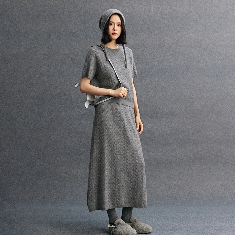 Women's Matching Set 100% Cashmere Round Neck Cardigan Casual Knit Short Sleeved Loose High Waisted Long Skirt Three Piece Set view 2