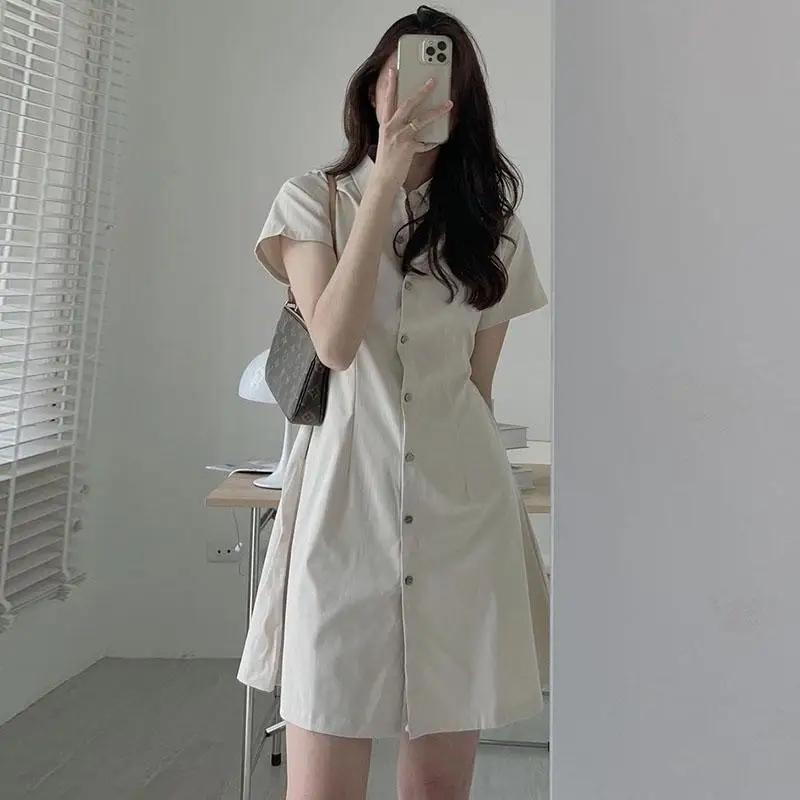 2024 Summer Simple Temperament Lapel Single-breasted Blouse Slim Short Sleeve T-shirt Dress Women's Clothing Vestidos Largos 원피스