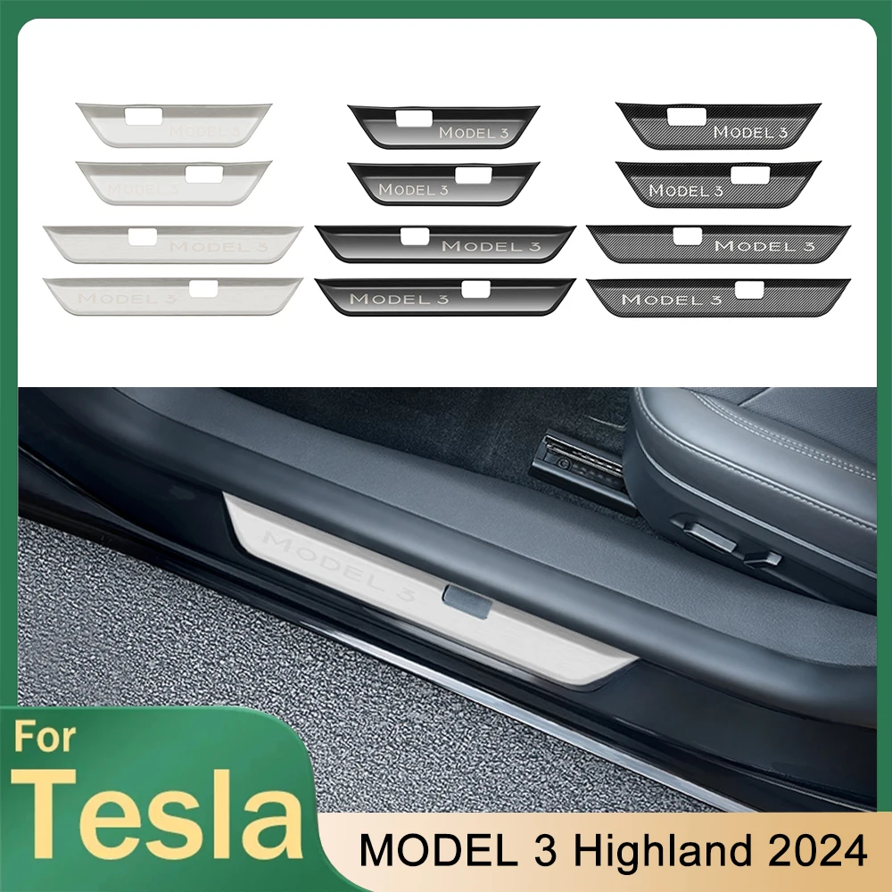 Front Rear Door Sill Trim Strip For Tesla Model 3 Highland 2024 Cover Stainless Steel Sticker Car Interior Moulding Accessories