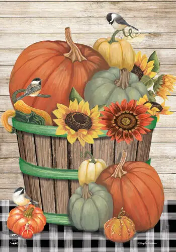 BRIARWOOD BOUNTIFUL BUSHEL PUMPKIN SUNFLOWER THANKSGIVING BIRD LARGE YARD FLAG N