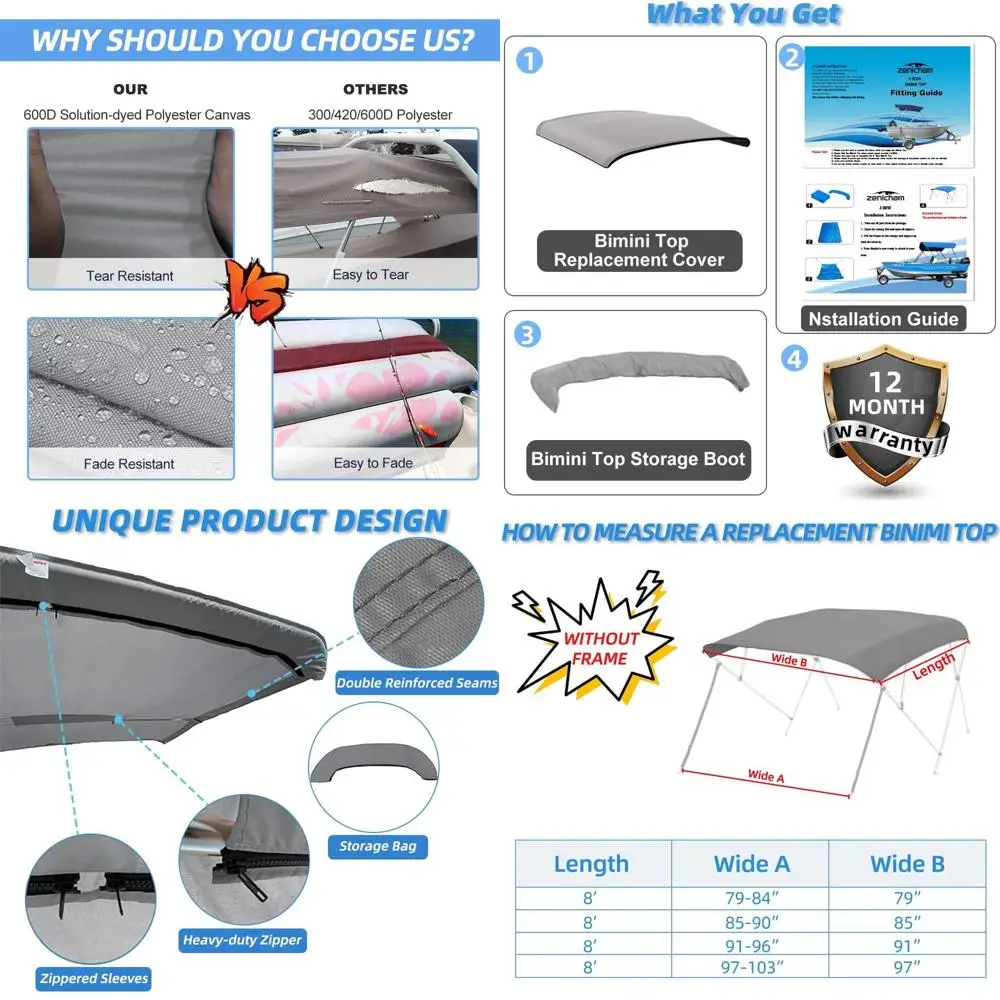 

Морской водонепроницаемый тент-бимини для лодок, устойчивый к трещинам, с защитой от УФ-излучения, легко устанавливается, с рукавами на молнии