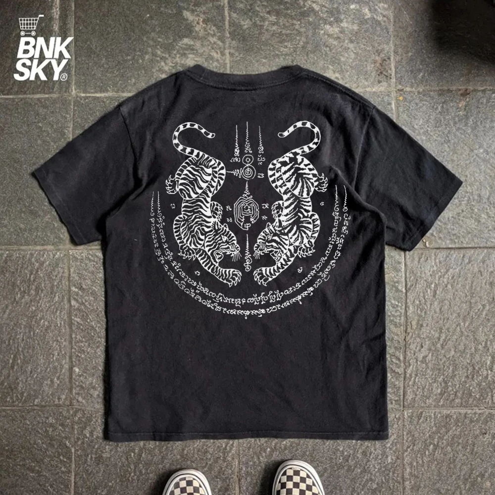 Dark Series American Retro Tiger Totem Subculture Tattoo Short Sleeve T-Shirt Cotton Breathable round Neck Men's Summer Fashion