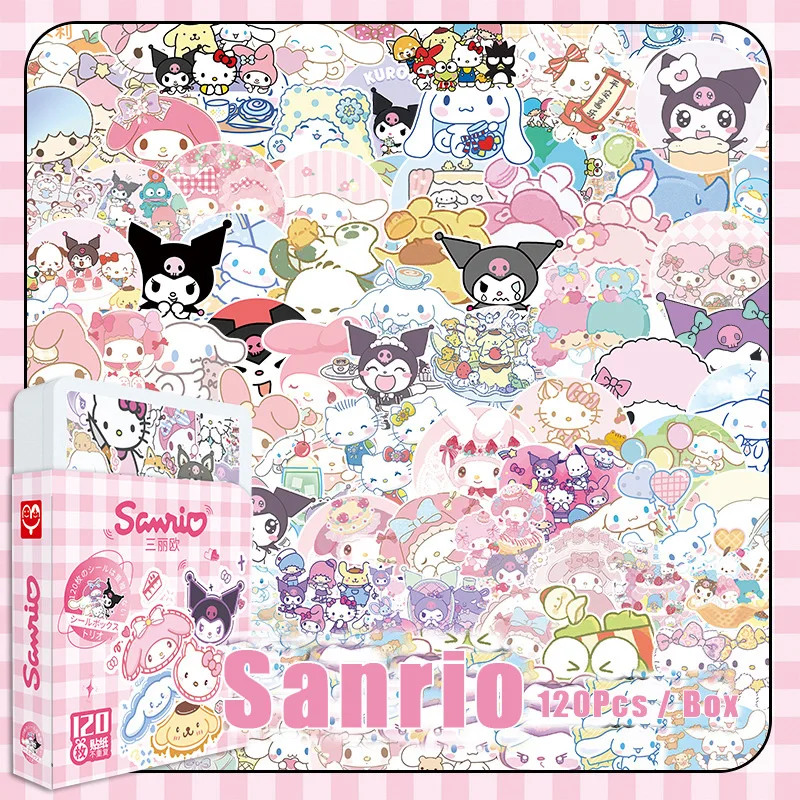 120Pcs/Box Sanrio Stickers Anime Hello Kitty Kuromi Cinnamoroll Melody Laptop Phone Decal Cute Cartoon Sticker For Kids Toys