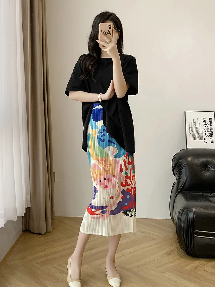 Summer New High Waist A-Line Skirt Women's High Elasticity Polyester Fiber Printed Pleated Long Split Three Houses Style