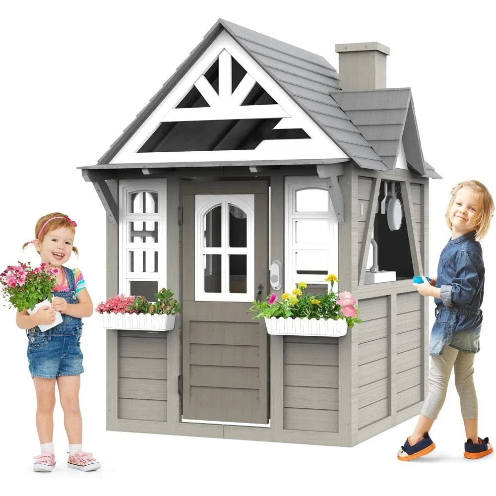 

Outdoor Kids Playhouse, All Fir Gray Modern Wooden Playhouse, Indoor and Outdoor Cottage Play House with Sink, Stove