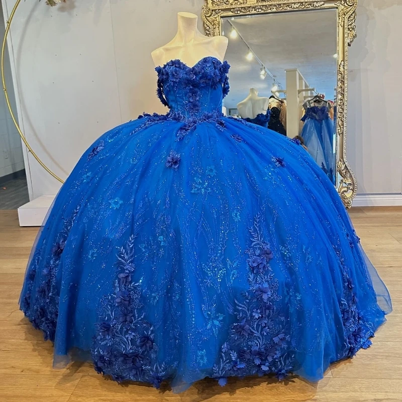 

Royal Blue Shiny Sweetheart Ball Gown Quinceanera Dresses Off The Shoulder Sequin Appliques Lace 3D Wers Vestido De 15 Anos