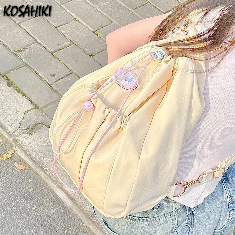 Sweet Y2k Aesthetic Kawaii Cute Backpacks Fashion Drawstring Pleated Women Shoulder Bag Casual Simple All Match Crossbody Bags