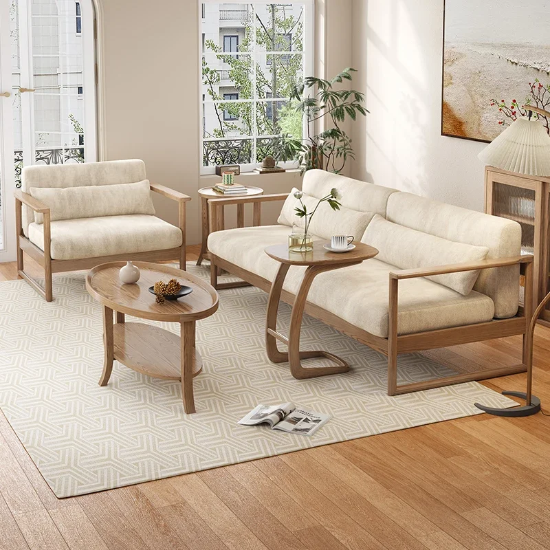 

Nordic solid wood sofa simple modern small apartment living room ash wood household cream style three-person cloud