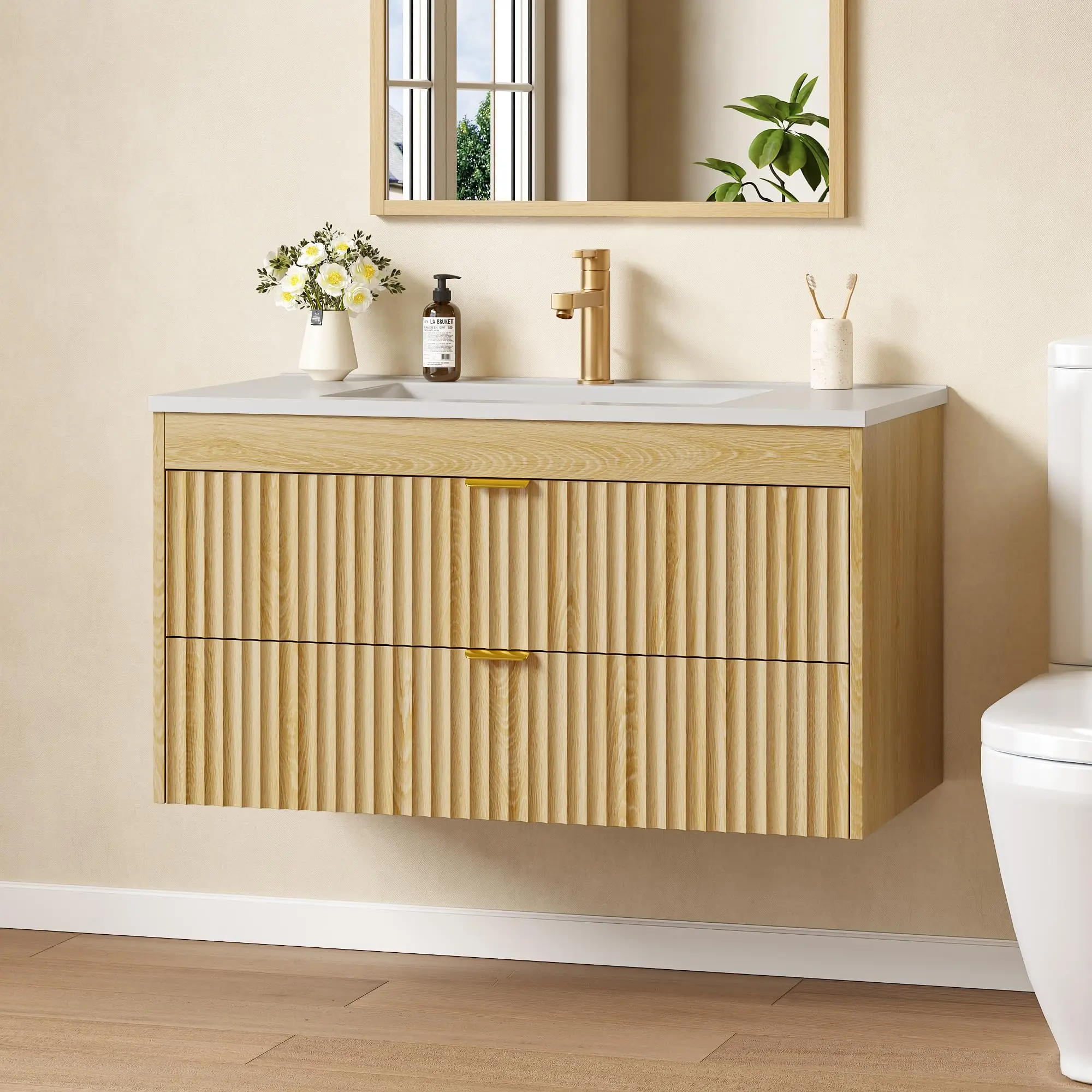 36 Inch Floating Bathroom Vanity with Sink, Natural Oak.