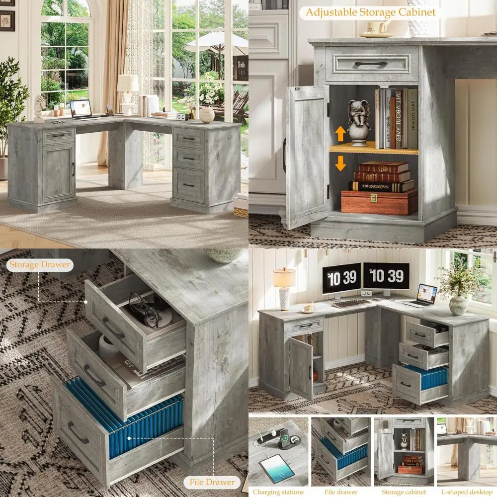 

Угловой стол Executive L-образной формы с деревом, стол для домашнего офиса с зарядной станцией, ящиками и шкафом для хранения вещей