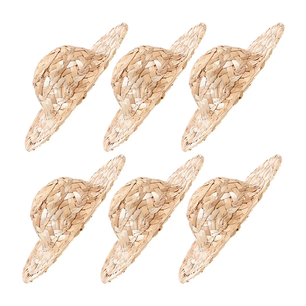 6Pcs Mini Straw Hats Handwoven Tiny Caps for Crafts Party Decorations Miniature Woven Sombrero Caps for Small Pets Bottle