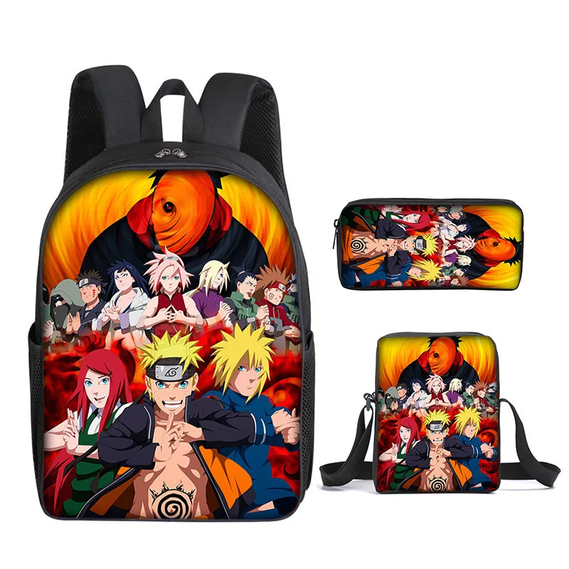 

School Children Anime Naruto Backpack for Boys Students 3 Pcs Set School Bag Shoulder Bag Pencil Case Naruto Uzumaki Travel