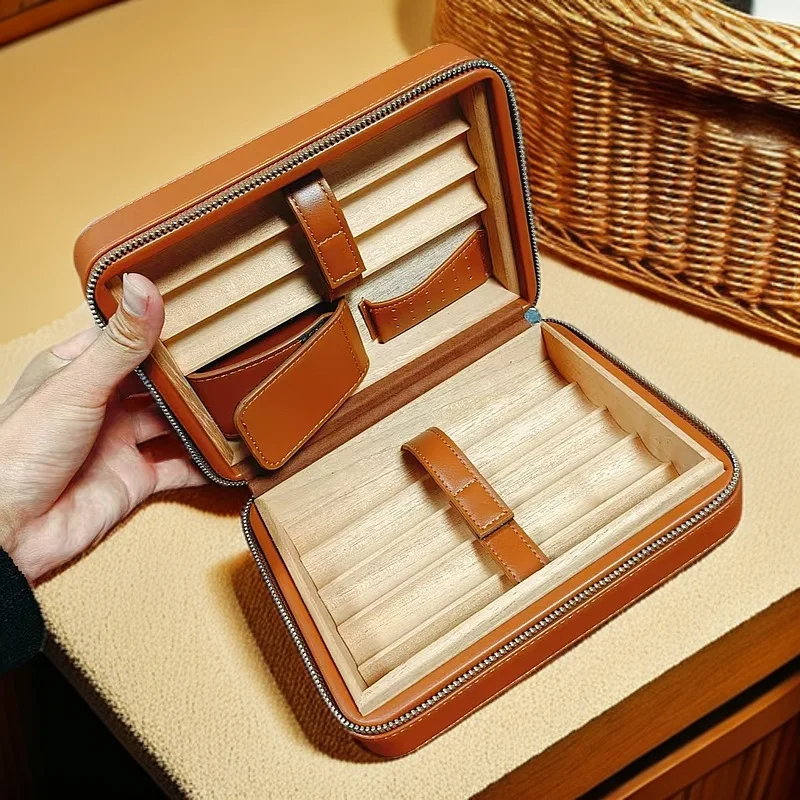 Leather Cigar Case Wooden Cigars Humidor Luxury Retro Cigarette Humidity Pack Portable Cigarette Storage Boxes Accessories