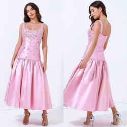 CustomizedS Sequined Pleat Beach A-line Square Neck Bespoke Occasion Gown Midi Dresses