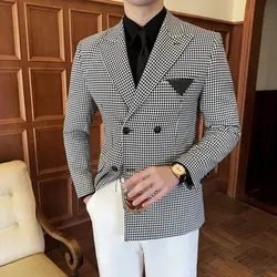 Brand Clothing Men's Spring Quality Double-Breasted Suit Jackets Male Fashion Slim Fit Casual Tuxedo Man Plaid Casual Blazers