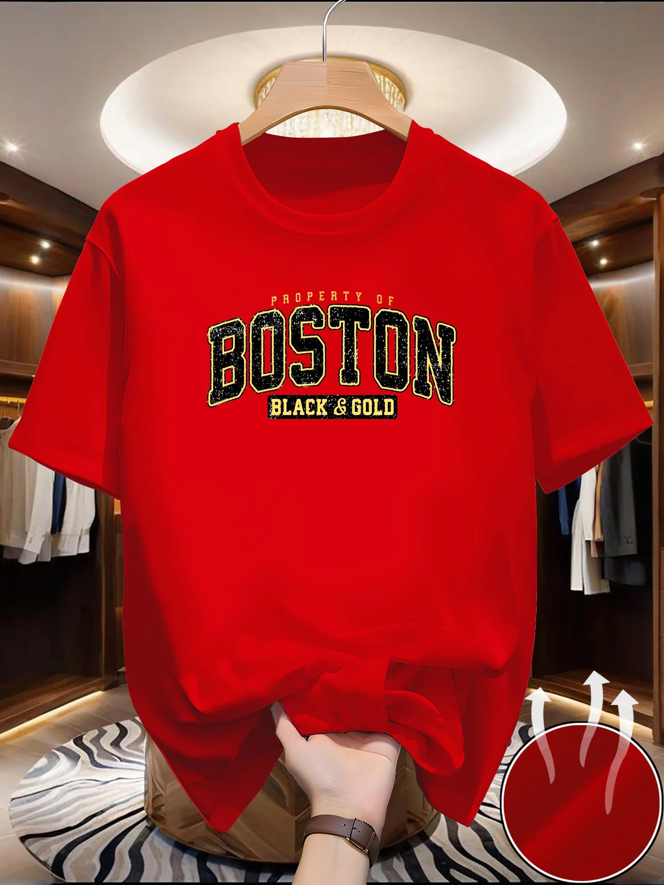 Men's summer fashionable casual sporty loose style Boston print pattern comfortable breathable round-neck T-shirt top