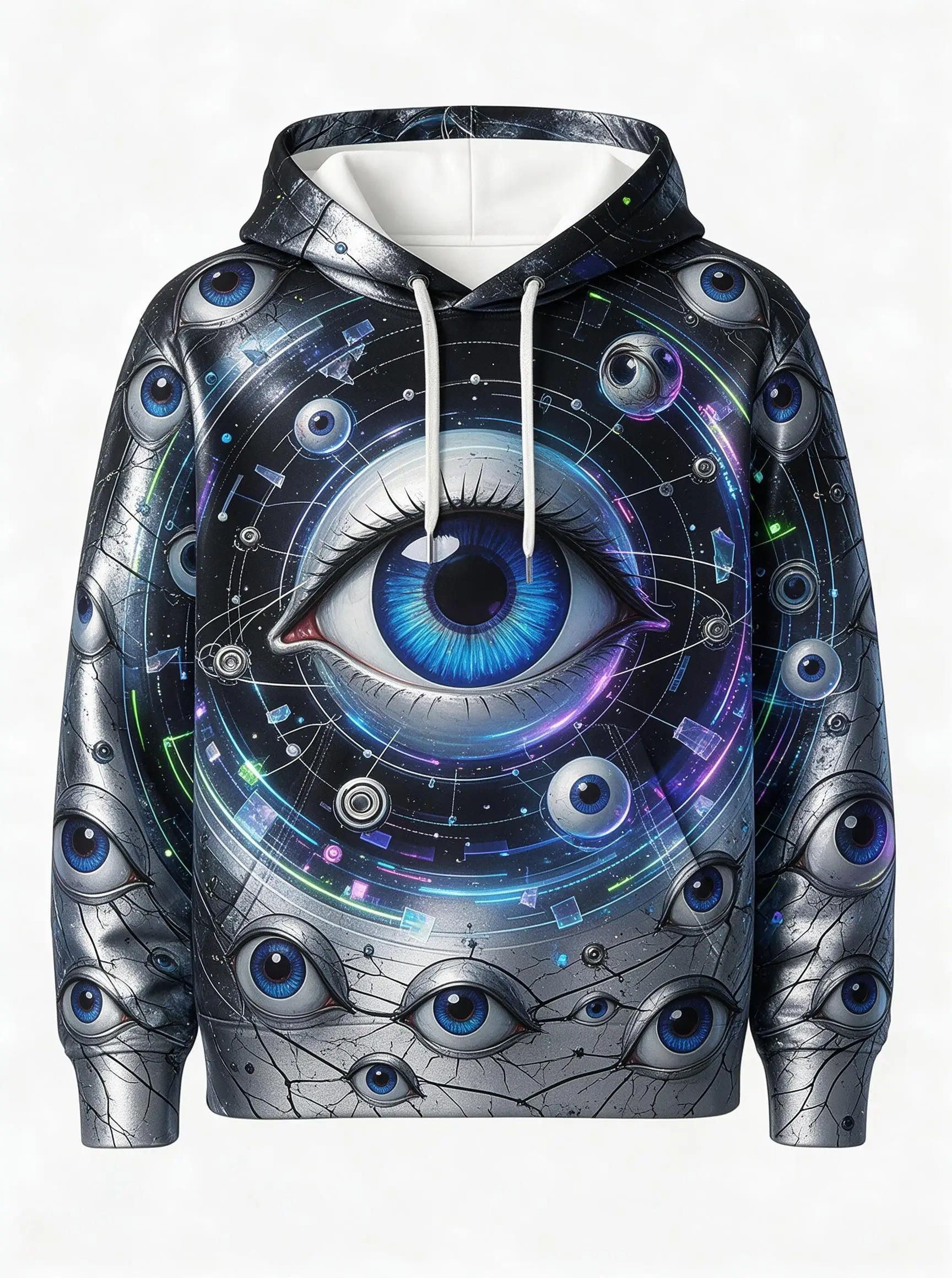 2026 Men's Hoodie Thin Autumn Winter Cyber Eye Blue Print Long Sleeve Male Casual Streetwear Sweatshirt Tops Clothes