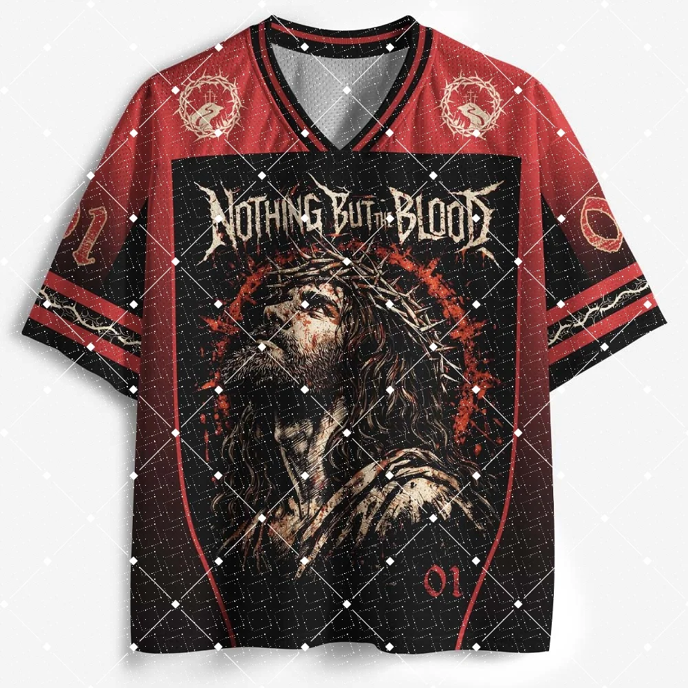 Men Nothing But The Blood Jesus Football Jersey Thorn Crown Graphic Print V‑Neck Red‑Black Gothic Short Sleeve Sports Tee Top