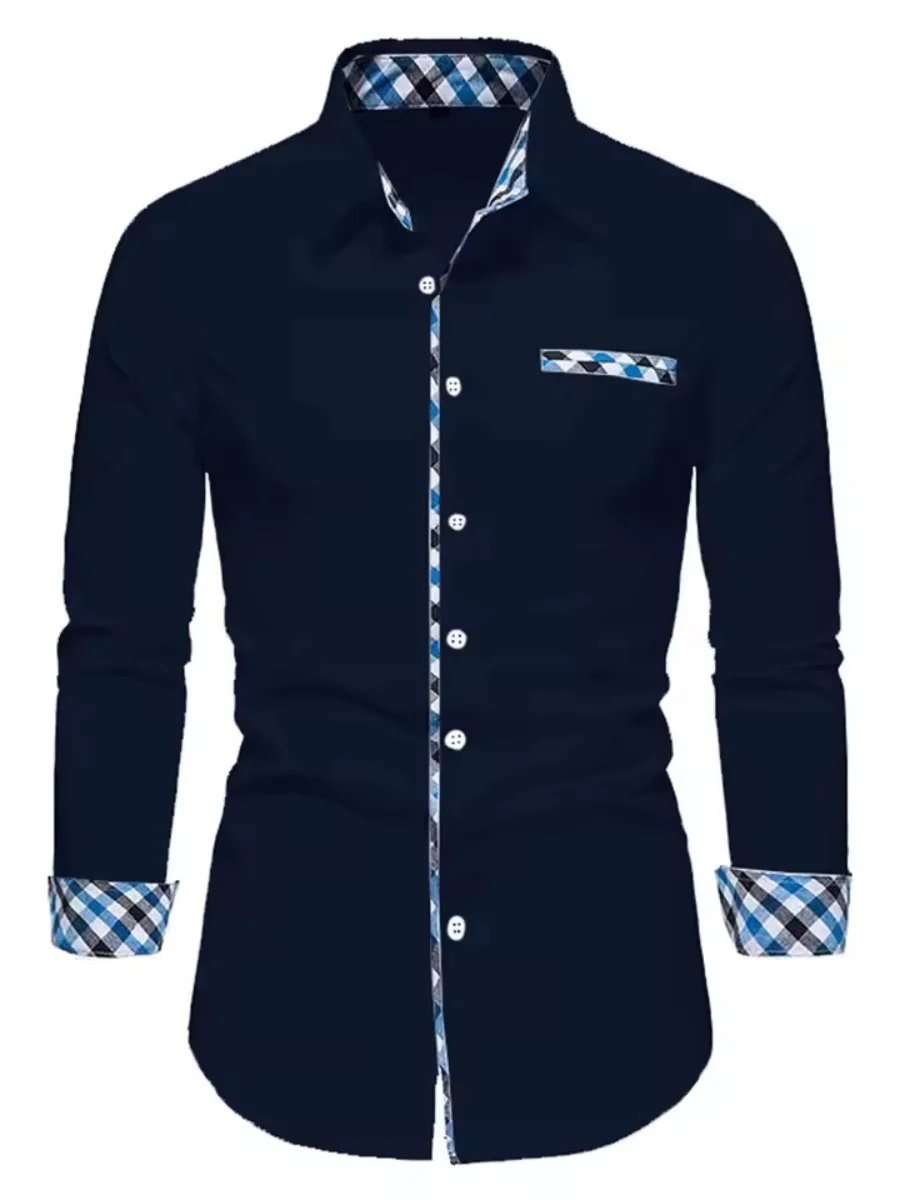 Men's Spliced Check Pattern Shirt White Base Blue Black Lattice Print Long Sleeve Formal Top with Collar Cuff Trim for Daily Wor