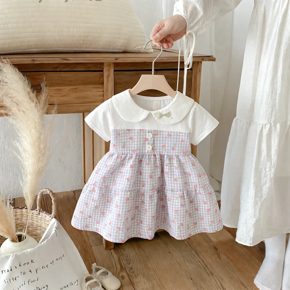 Girls' Dress Summer Floral Checkered Short-Sleeved Baby Girls Dress Cute Casual Baby Dress Baby Girl Clothing