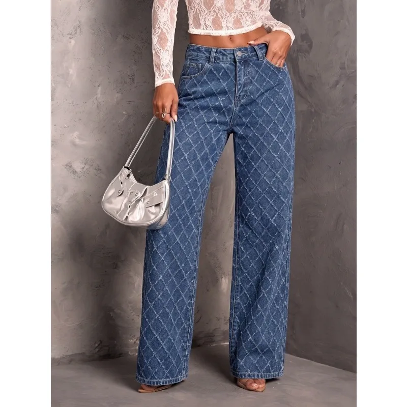 Women Loose Flare Jeans Non-Stretch Denim Pants Vintage Y2K Streetwear Diamond Grid Textured Wide Leg Trousers Casual Daily Wear