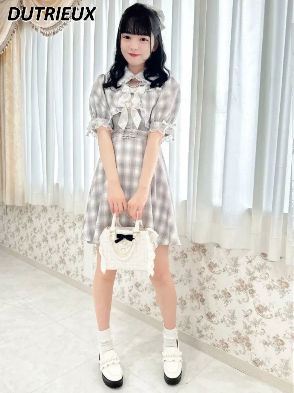 Rojita Plaid Fresh Tight Waist Doll Collar Double-Layer Hem Design Mid-length Dress Summer Sweet Short Sleeve Slimming Dresses