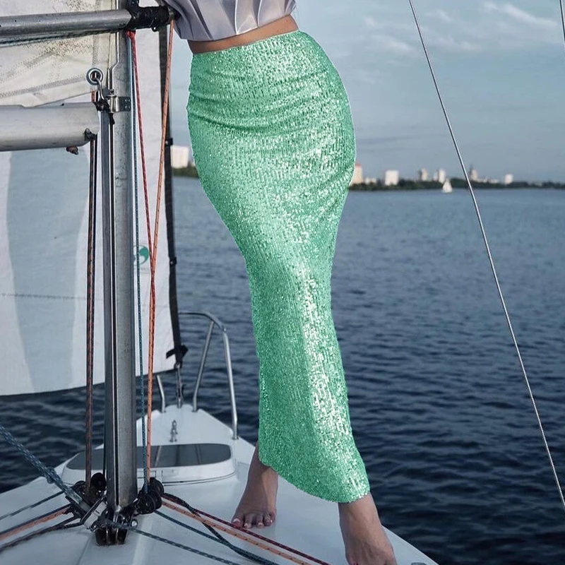 New Women's Sexy Sequined Skirt High Waist Long Skirts Elegant Party Maxi Skirts for Women 2024 New Year