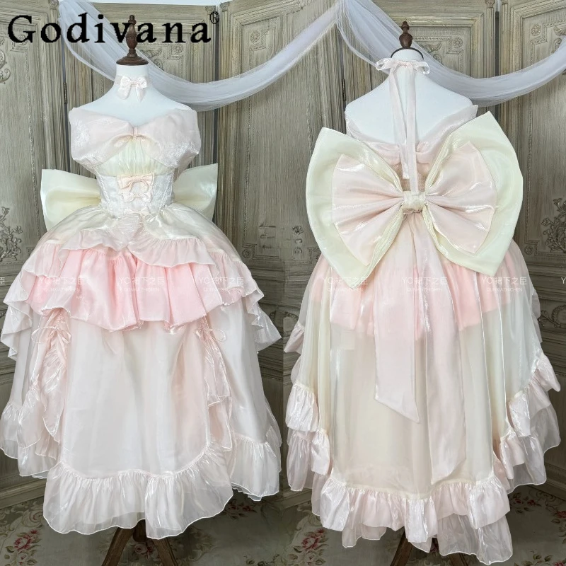 

High-end Pink Lolita Birthday Party Dresses for Women Sweet Elegant Heavy Big Bow Trailing Puffy Dresses Princess Dresses