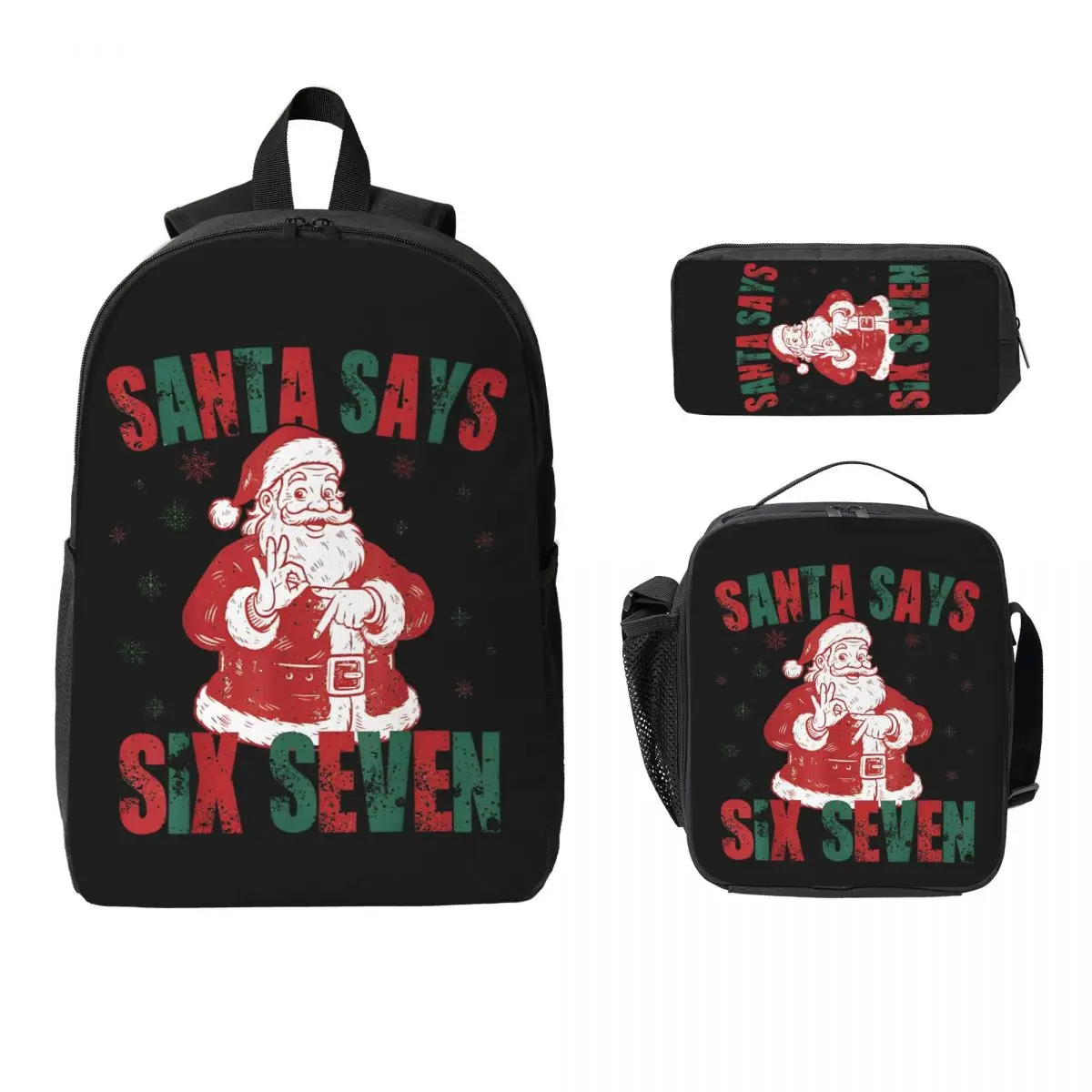 3pecs/set Santa Says Six Seven 67 Meme Christmas Backpack for Teenage College Daypack Lunch bag Pencil Case
