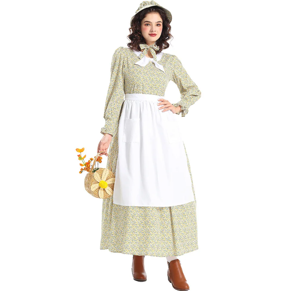 Umorden American Colonial Prairie Pioneer Girl Costume for Women Green Floral Farm Country Dress White Bowknot Collar XS-XXL