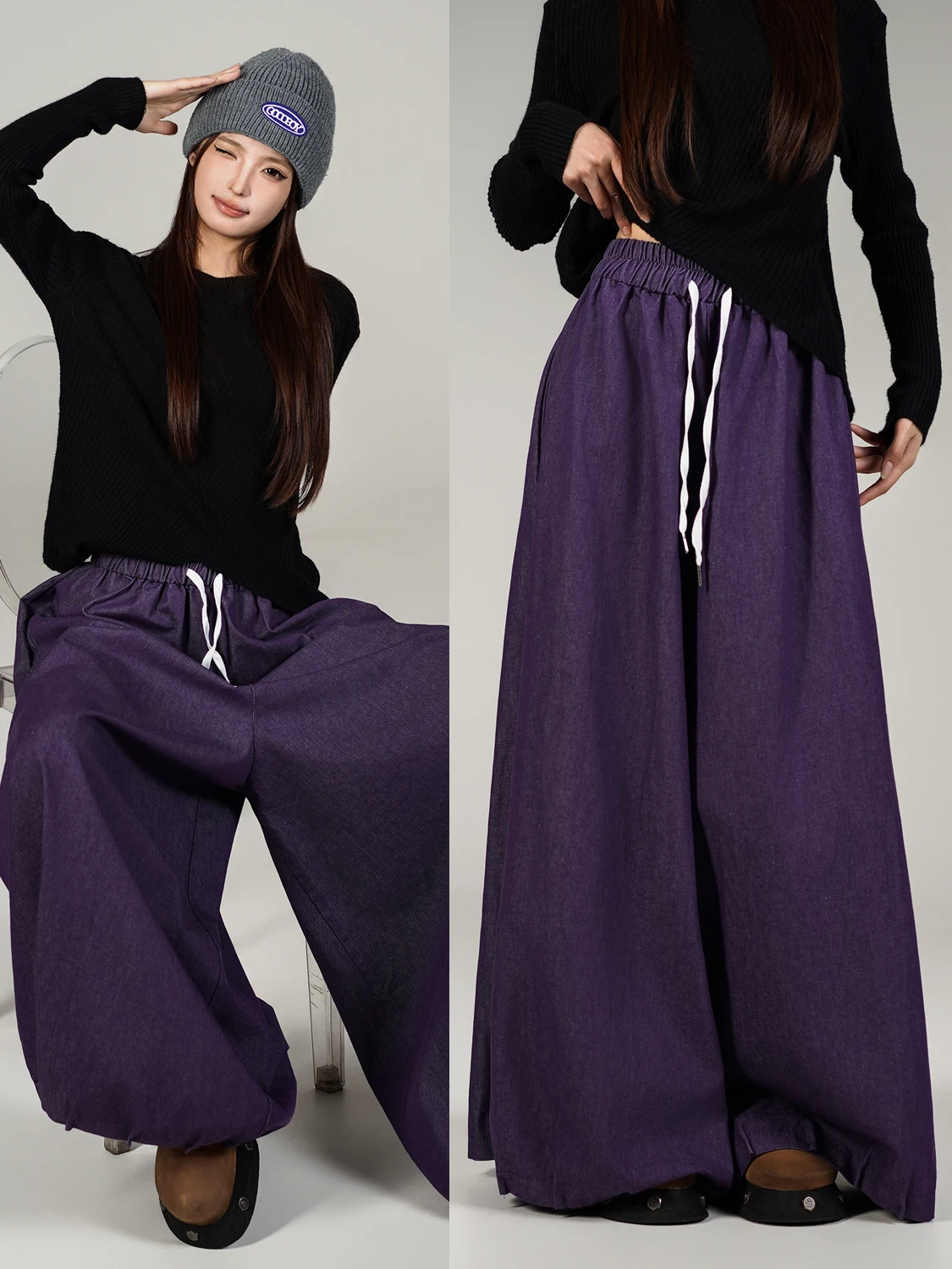 Pantalones Casuales Retro de Cintura Alta y Pierna Ancha para Mujer, Morados, Estilo Linterna, de Mezclilla, Algodón y Spandex, Cintura Elástica, Ajuste Holgado