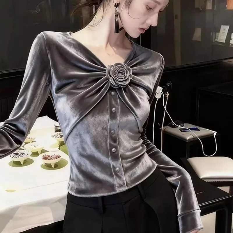 봄 가을 신상 트렌드 3D 플로럴 벨벳 긴팔 슬림핏 셔츠 티셔츠 탑 디자인 블라우스 코르셋 여성 탑