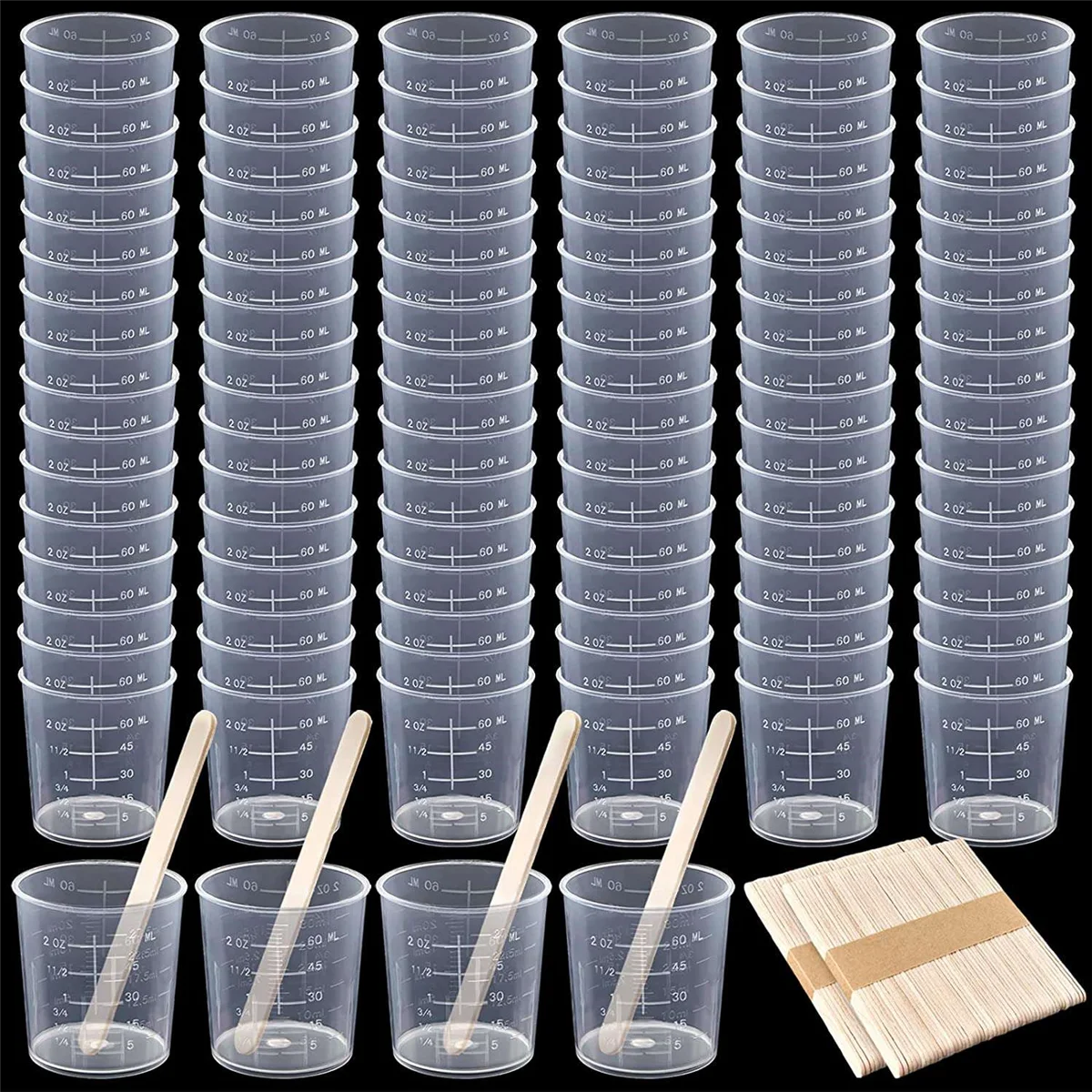 

100 Pack 60Ml/2Oz Plastic Graduated Cups Transparent Scale Cups Clear Epoxy Mixing Cups with 100 PCS Stirring Sticks