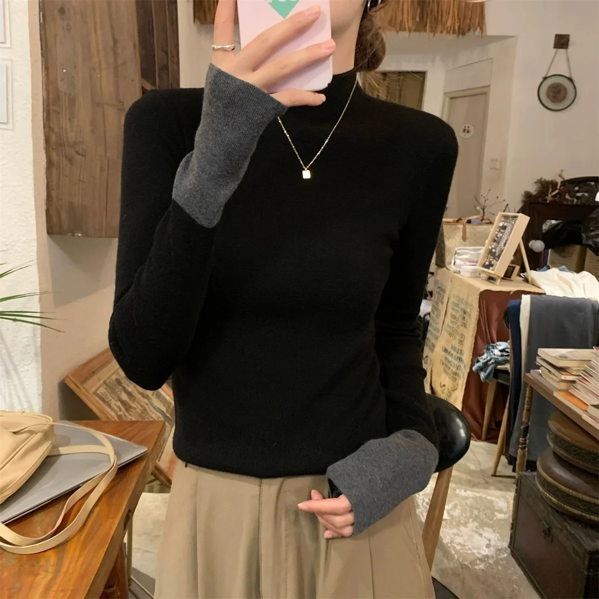 

Women Sweater Splice Knit Slim Fit Elegant Pullovers Full Sleeve Half Hugs Neck Thick Jumpers Casual Office Lady Tops Solid