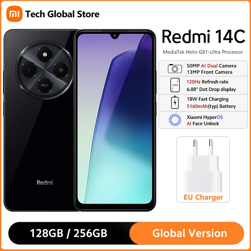 Version mondiale Xiaomi Redmi 14C Smartphone 8GB 256GB MediaTek Helio G81-Ultra processeur 6.88 "120Hz affichage 50MP AI double caméra