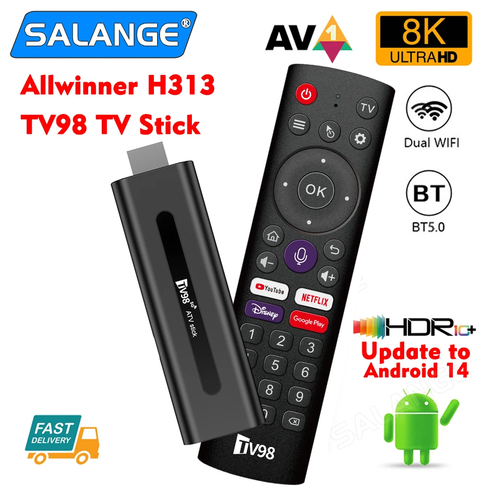 

TV98 ATV 8K Smart TV Stick Android 14 ATV Allwinner H313 2.4G 5G Wifi Support OTA 4K Player BT5.0 2GB 16GB Voice remote TV Box