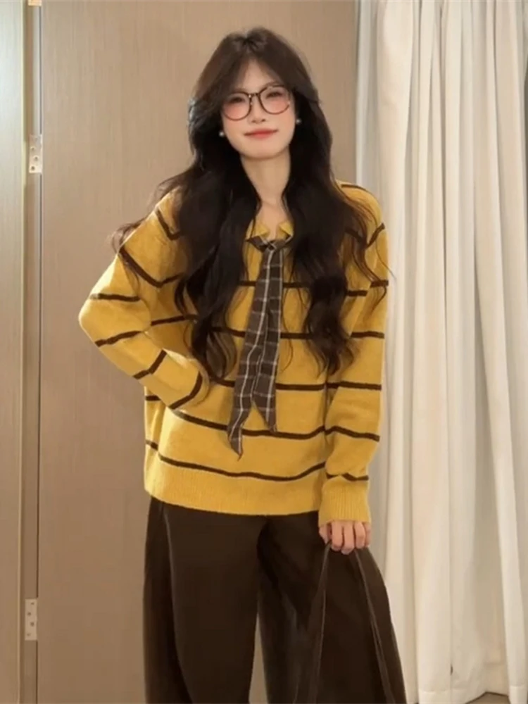 เสื้อสเวตเตอร์ไหมพรมลายทางผู้หญิง สไตล์เกาหลี สีเหลือง ทรงหลวม สวมใส่สบาย เหมาะสำหรับฤดูหนาว